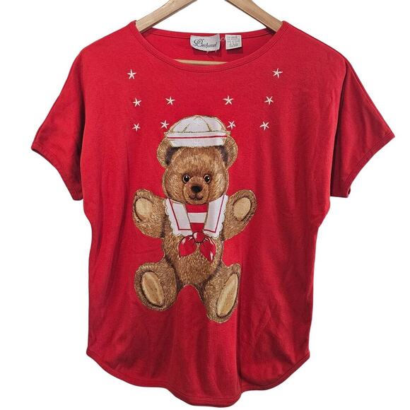 Vintage Bechamel Teddy Bear T-Shirt Womens Large Red 80s Nautical Granny Sailor - Picture 1 of 10